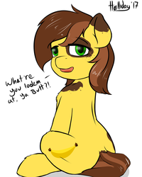 Size: 1280x1600 | Tagged: safe, artist:holliday, oc, oc only, oc:banana stem, earth pony, pony, dialogue, dock, looking at you, open mouth, simple background, sitting, solo, white background