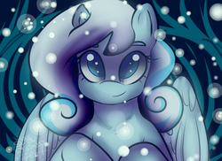 Size: 3656x2665 | Tagged: safe, artist:slynecallisto, oc, oc only, oc:snowdrop, pegasus, pony, high res, looking at something, looking up, older, older snowdrop, snow, snowfall, snowflake, solo