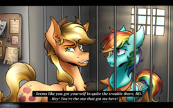 Size: 1024x640 | Tagged: safe, artist:bootsdotexe, applejack, rainbow dash, g4, angry, bound wings, clothes, frustrated, hoers, jail, letterboxing, prison, prison outfit, prisoner rd, smug, text, widescreen, window