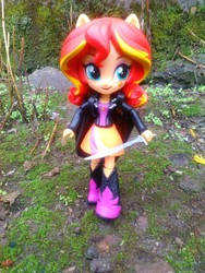 Size: 1944x2592 | Tagged: safe, sunset shimmer, equestria girls, g4, clothes, doll, equestria girls minis, eqventures of the minis, irl, photo, skirt, solo, sword, toy, weapon