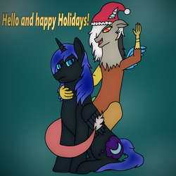 Size: 787x787 | Tagged: safe, artist:asknightterror, discord, nightmare moon, alicorn, draconequus, pony, tumblr:ask night terror, g4, ask, christmas, darkhorse knight, duo, eris, female, male, rule 63, stallion, tumblr