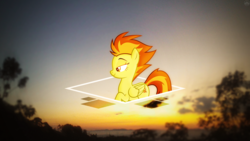 Size: 1920x1080 | Tagged: safe, artist:brainlesspoop, artist:dashiesparkle, spitfire, pegasus, pony, g4, female, glowing, irl, mare, missing accessory, photo, raised hoof, show accurate, simple, solo, sunrise, sunset, tree, vector, wallpaper