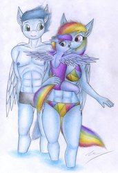Size: 1500x2198 | Tagged: safe, artist:sinaherib, rainbow dash, soarin', oc, oc:rainfall, pegasus, anthro, g4, bikini, clothes, family, female, filly, male, offspring, one-piece swimsuit, open-back swimsuit, parent:rainbow dash, parent:soarin', parents:soarindash, partial nudity, ship:soarindash, shipping, straight, swimsuit, topless, traditional art, water