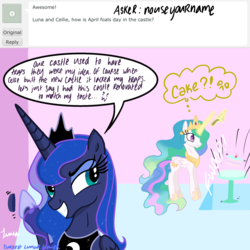 Size: 2067x2067 | Tagged: safe, artist:darkest-lunar-flower, princess celestia, princess luna, g4, april fools, button, cake, evil smile, food, grin, high res, no cake, smiling, speech bubble, trap (device), trapdoor, trolluna