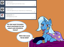 Size: 1123x816 | Tagged: safe, artist:brushstroke, trixie, pony, unicorn, g4, ask, bandage, bed, clothes, dialogue, female, lidded eyes, looking at you, mare, open mouth, orange background, prone, simple background, smiling, solo, torn clothes, trixie's cape, tumblr