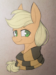 Size: 2800x3744 | Tagged: safe, artist:waterferret, part of a set, applejack, earth pony, pony, g4, bust, clothes, crossover, female, harry potter (series), high res, hufflepuff, looking at you, portrait, scarf, solo, traditional art