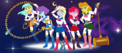 Size: 1280x563 | Tagged: safe, artist:katotter, blueberry pie, carrot top, derpy hooves, golden harvest, raspberry fluff, sunshower raindrops, oc, oc:kikai, cat, fanfic:crossworlds guardian sailor orbital, series:the oversaturated world, equestria girls, g4, chains, commission, elf ears, equestria girls-ified, fanfic, fanfic art, female, hammer, mace, sailor moon (series), sailor uniform, weapon