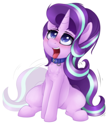 Size: 1378x1555 | Tagged: safe, artist:duop-qoub, starlight glimmer, pony, unicorn, g4, behaving like a dog, blushing, chest fluff, collar, female, looking up, open mouth, pet glimmer, pet play, pony pet, simple background, sitting, smiling, solo, tail wag, tongue out, white background