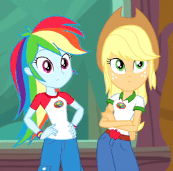 Size: 373x368 | Tagged: safe, screencap, applejack, rainbow dash, equestria girls, g4, my little pony equestria girls: legend of everfree, animated, cropped, crossed arms, duo, faic, female, gif, hand on hip, rainbow dash is best facemaker, rainbow dash is not amused