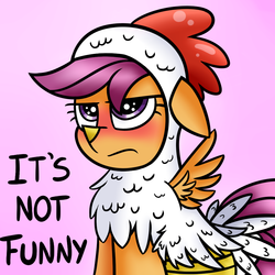 Size: 950x950 | Tagged: dead source, safe, artist:radek1212, scootaloo, chicken, pony, g4, angry, animal costume, blatant lies, blushing, chicken suit, clothes, costume, cute, cutealoo, female, floppy ears, pink background, scootachicken, scootaloo is not amused, simple background, solo, tsundaloo, tsundere