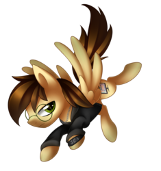 Size: 2636x2804 | Tagged: safe, artist:scarlet-spectrum, oc, oc only, oc:binary dash, pegasus, pony, clothes, glasses, high res, landing, male, simple background, solo, transparent background, unamused