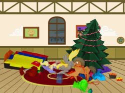 Size: 4595x3446 | Tagged: safe, artist:malte279, derpy hooves, dinky hooves, doctor whooves, time turner, pegasus, pony, g4, christmas tree, doctor who, female, hearth's warming, hearth's warming eve, high res, mare, origami, tardis, tree