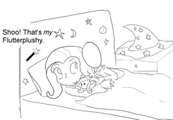 Size: 450x311 | Tagged: safe, artist:php162, trixie, oc, oc:anon, human, g4, bed, blanket, dialogue, humanized, monochrome, pillow, plushie, smiling, trixie's hat