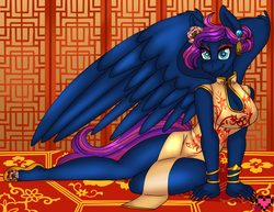 Size: 3850x2975 | Tagged: dead source, safe, artist:ladypixelheart, oc, oc only, oc:silohuette, pegasus, anthro, plantigrade anthro, bracelet, cheongsam, chinese new year, clothes, dress, high res, jewelry, lunar new year, nail polish, solo