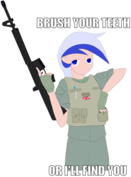 Size: 775x1045 | Tagged: safe, artist:totallynotabronyfim, minuette, human, g4, ar-15, assault rifle, british, clothes, female, gun, humanized, image macro, impact font, lidded eyes, m16, meme, monty python, rifle, simple background, solo, text, toothbrush, transparent background, trigger discipline, vest, weapon
