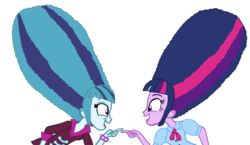 Size: 1175x680 | Tagged: safe, artist:ktd1993, sonata dusk, twilight sparkle, equestria girls, g4, alternate hairstyle, beehive hairdo, female, lesbian, looking at each other, open mouth, pointing, ship:twinata, shipping, simple background, smiling, transparent background