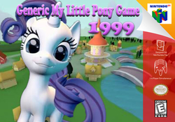Size: 935x654 | Tagged: safe, artist:employeeamillion, rarity, pony, g4, '90s, 3d, box art, cute, esrb, female, looking at you, nintendo 64, ponyville, pre-existing assets, retro, smiling, solo
