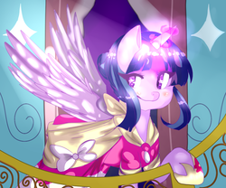 Size: 1080x900 | Tagged: safe, artist:estharian, twilight sparkle, alicorn, pony, g4, magical mystery cure, alternate hairstyle, balcony, clothes, coronation dress, dress, female, smiling, solo, twilight sparkle (alicorn)