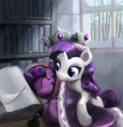 Size: 889x921 | Tagged: safe, artist:bakuel, clover the clever, princess platinum, rarity, twilight sparkle, pony, g4, blanket, book, bookshelf, cape, clothes, crown, cute, drool, duo, duo female, female, jewelry, mouth hold, regalia, sleeping, snow, twiabetes, window, winter