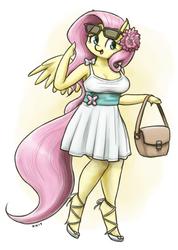 Size: 912x1280 | Tagged: safe, artist:king-kakapo, fluttershy, anthro, unguligrade anthro, g4, arm hooves, breasts, cleavage, clothes, cute, dress, female, flower, flower in hair, handbag, open mouth, shyabetes, simple background, smiling, solo, spread wings, sundress, unshorn fetlocks
