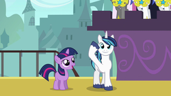 Size: 1280x720 | Tagged: safe, screencap, shining armor, twilight sparkle, pony, a canterlot wedding, g4, my little pony: friendship is magic, female, filly, filly twilight sparkle, royal guard, salute, younger