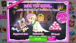 Size: 1334x750 | Tagged: safe, gameloft, apple bloom, flutterholly, fluttershy, earth pony, pony, a hearth's warming tail, g4, advertisement, clothes, costs real money, crack is cheaper, dress, gameloft is trying to murder us, gingerbread house, introduction card, iphone