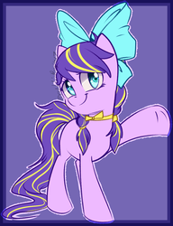 Size: 1000x1300 | Tagged: safe, artist:bluekazenate, oc, oc only, oc:ambrosia, pony, bow, collar, lilac, rootbeer, smiling, solo