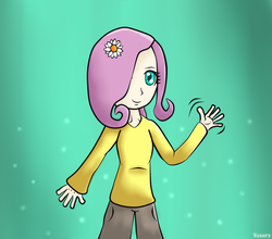 Size: 1704x1500 | Tagged: safe, artist:voxary, fluttershy, human, g4, cute, female, flower, flower in hair, humanized, shyabetes, simple background, solo, waving