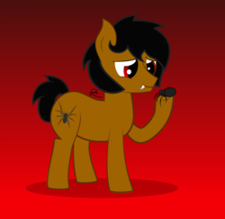Size: 1494x1451 | Tagged: safe, artist:megabyte1835, oc, oc only, oc:black poison, earth pony, pony, spider, fangs, gradient background, male, show accurate, smiling, stallion