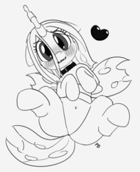 Size: 1280x1577 | Tagged: safe, artist:pabbley, queen chrysalis, pony, g4, belly button, blushing, collar, cute, cutealis, female, heart, monochrome, on back, simple background, solo