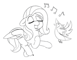 Size: 1280x1000 | Tagged: safe, artist:pabbley, fluttershy, bird, g4, eyes closed, monochrome, open mouth, simple background, singing, white background
