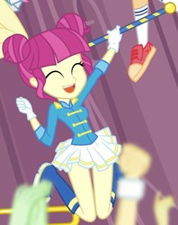 Size: 521x658 | Tagged: safe, majorette, sweeten sour, equestria girls, g4, my little pony equestria girls: friendship games, background human, baton, boots, clothes, cropped, cute, high heel boots, legs, pleated skirt, skirt, skirt lift