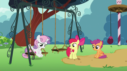 Size: 1920x1080 | Tagged: safe, screencap, apple bloom, scootaloo, sweetie belle, earth pony, pony, g4, on your marks, 1080p, cutie mark, cutie mark crusaders, female, filly, sitting, swing, the cmc's cutie marks