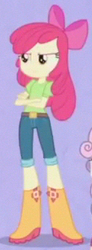 Size: 127x345 | Tagged: safe, screencap, apple bloom, equestria girls, g4, my little pony equestria girls: rainbow rocks, my past is not today, apple bloom's bow, boots, bow, clothes, cowboy boots, cropped, crossed arms, denim, female, glare, hair bow, jeans, pants, red hair, shirt, shoes, solo, t-shirt, yellow skin