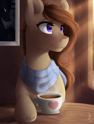 Size: 800x1050 | Tagged: safe, artist:silentwulv, oc, oc only, oc:coffee bean, earth pony, pony, clothes, coffee, cup, female, looking at something, mare, picture, scarf, smiling, solo, sunlight