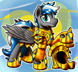 Size: 4526x4177 | Tagged: safe, artist:gray--day, oc, oc only, oc:cloud zapper, pegasus, pony, absurd resolution, armor, helmet, looking at you, signature