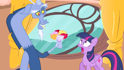 Size: 1280x720 | Tagged: safe, screencap, discord, twilight sparkle, alicorn, draconequus, pegasus, pony, g4, three's a crowd, blue flu, bouquet, discord being discord, female, flower, golden oaks library, horn, horn removal, male, missing horn, pegasus twilight sparkle, race swap, twilight sparkle (alicorn)