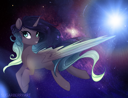 Size: 1280x987 | Tagged: safe, artist:sugarberry, oc, oc only, alicorn, pony, alicorn oc, smiling, solo, space