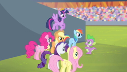 Size: 1266x720 | Tagged: safe, screencap, applejack, fluttershy, pinkie pie, rainbow dash, rarity, spike, twilight sparkle, alicorn, pony, equestria games, g4, my little pony: friendship is magic, animation error, mane seven, mane six, pegasus wings, the equestria games, twilight sparkle (alicorn)