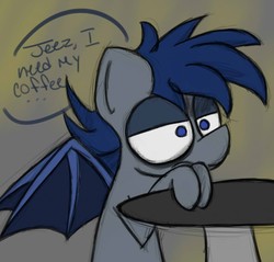 Size: 879x840 | Tagged: safe, artist:booker-the-dewitt, oc, oc only, oc:shifting eclipse, bat pony, pony, bloodshot eyes, coffee, commission, dialogue, lidded eyes, solo, spread wings, table, text, tired