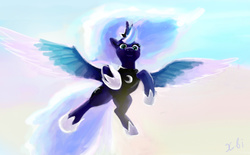 Size: 1277x790 | Tagged: safe, artist:xbi, princess luna, pony, g4, female, flying, sky, solo