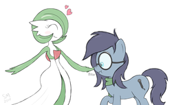 Size: 2322x1417 | Tagged: safe, artist:manual-monaro, oc, oc only, oc:aural harmony, gardevoir, blushing, boop, clothes, crossover, duo, eyes closed, glasses, happy, heart, nose wrinkle, onomatopoeia, pokémon, raised hoof, scarf, scrunchy face, shocked, simple background, smiling, surprised, white background