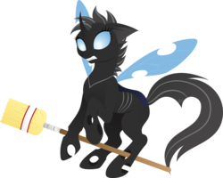 Size: 1280x1025 | Tagged: safe, artist:gracewolf, oc, oc only, oc:crucible, changeling, broom, changeling oc, simple background, solo, transparent background