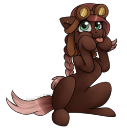 Size: 632x636 | Tagged: safe, artist:chibadeer, oc, oc only, oc:sugar hooves, earth pony, pony, braid, female, goggles, mare, puffy cheeks, simple background, solo, tongue out, transparent background