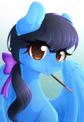 Size: 1280x1847 | Tagged: safe, artist:fluffymaiden, oc, oc only, oc:strumbeat strings, pegasus, pony, bow, female, food, hair bow, mare, mouth hold, pocky, rule 63, solo