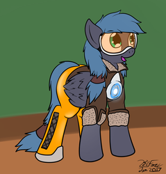Size: 932x975 | Tagged: safe, artist:the-furry-railfan, oc, oc only, oc:night strike, pegasus, pony, clothes, costume, form fitting, goggles, jacket, missing accessory, overwatch, shoes, solo, tracer