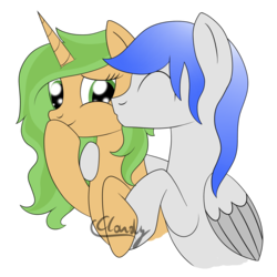 Size: 1400x1400 | Tagged: safe, artist:cloudy95, oc, oc only, oc:curiosa dream, oc:music wave, pegasus, pony, unicorn, kissing, male, simple background, stallion, transparent background