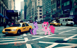 Size: 1024x640 | Tagged: safe, artist:dashiesparkle, artist:jerryakira79, pinkie pie, twilight sparkle, g4, car, crown victoria, eyes closed, irl, new york city, photo, ponies in real life, rearing, taxi, van