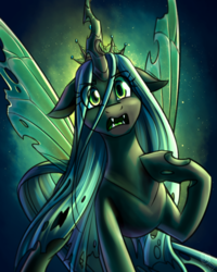 Size: 900x1125 | Tagged: safe, artist:cosmalumi, queen chrysalis, changeling, changeling queen, g4, crown, fangs, female, floppy ears, gradient background, jewelry, looking at you, open mouth, raised hoof, regalia, simple background, solo