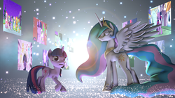 Size: 3000x1687 | Tagged: safe, artist:vinuldash, applejack, fluttershy, pinkie pie, princess celestia, rainbow dash, rarity, spike, twilight sparkle, dragon, friendship is magic, g4, magical mystery cure, sweet and elite, the best night ever, 3d, ascension realm, celestia's ballad, clothes, dignified wear, dress, gala dress, hug, mane seven, mane six, princess celestia's special princess making dimension, raised hoof, scene interpretation, smiling, source filmmaker, sparkles, spread wings